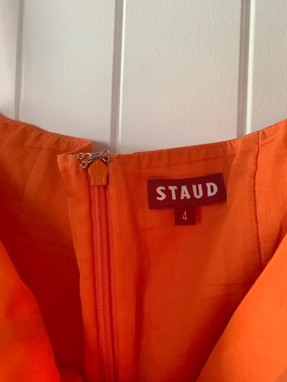 STAUD Women’s Elio Off-Shoulder Orange Button Babydoll Ruffle Mini Sun Dress 4 - Picture 4 of 14